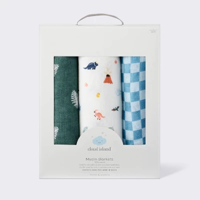 Muslin Swaddle Baby Blanket - Dino Check - 3pk - Cloud Island™ 5 Muslin Swaddle Baby Blanket - Dino Check - 3pk - Cloud Island™ - Image 3