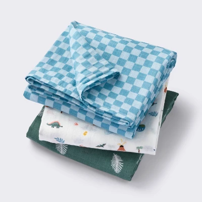 Muslin Swaddle Baby Blanket - Dino Check - 3pk - Cloud Island™ 6 Muslin Swaddle Baby Blanket - Dino Check - 3pk - Cloud Island™ - Image 4