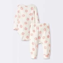 Baby 2pc Floral Wide Ribbed Top & Bottom Set - Cloud Island™ Cream
