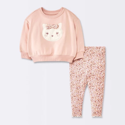 Baby Girls' 2pc Cat Applique Sweatshirt & Leggings Set - Cloud Island™ Pink 6 Baby Girls' 2pc Cat Applique Sweatshirt & Leggings Set - Cloud Island™ Pink - Image 4